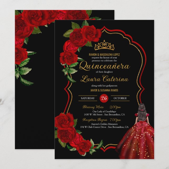 Red Roses Black and Gold Elegant Dress Quinceanera Invitation (Front/Back)