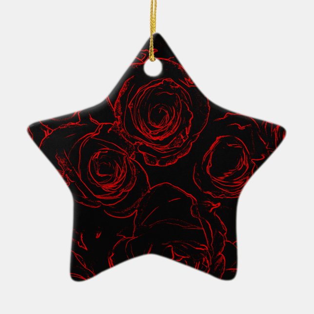 Red Roses Black Background Ceramic Tree Decoration (Front)
