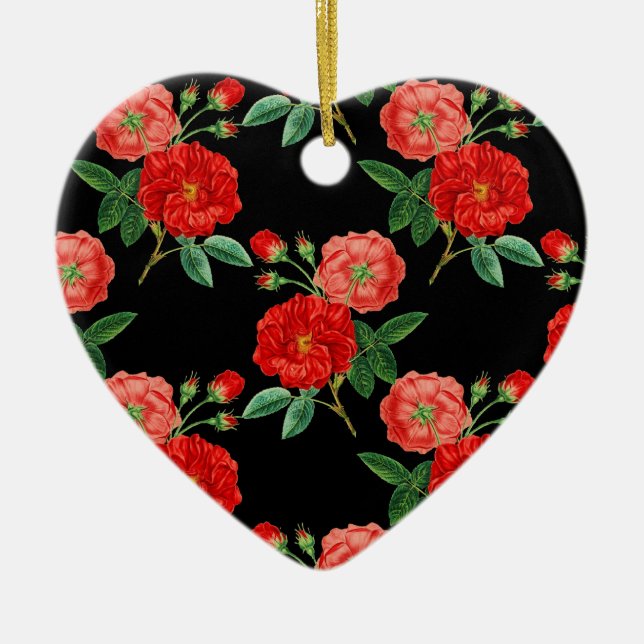 Red Roses, Black Background, Ceramic Tree Decoration (Front)