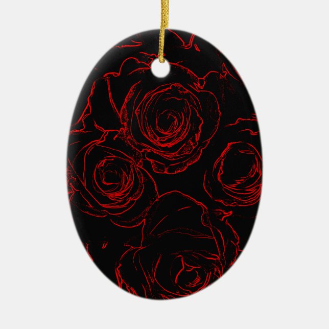 Red Roses Black Background Ceramic Tree Decoration (Front)