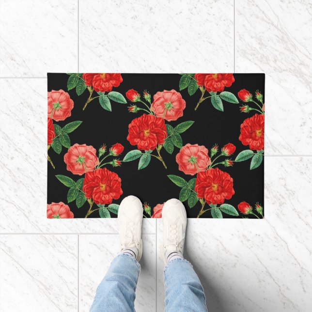 Red Roses, Black Background, Doormat (Indoor)
