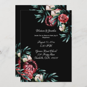 Red Roses Black Background Elegant Script Wedding Invitation