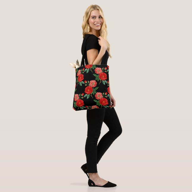 Red Roses, Black Background, Tote Bag (On Model)