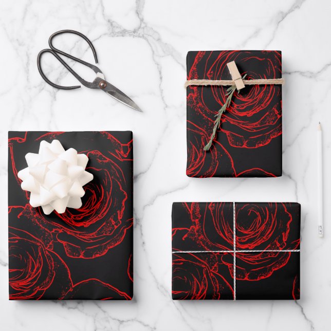 Red Roses Black Background Wrapping Paper Sheet (Front)