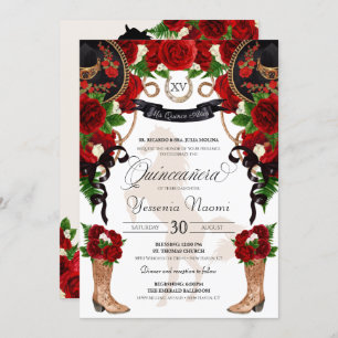 Red Roses Black Charro Western Elegant Quinceanera Invitation