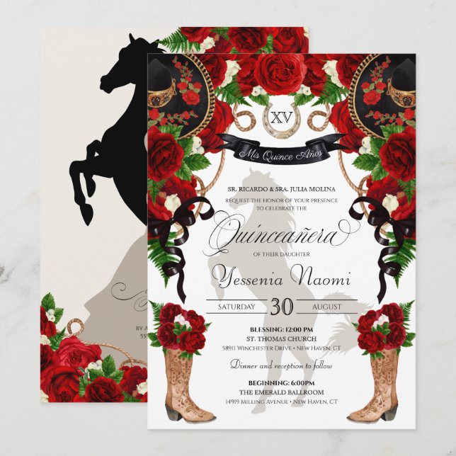 Red Roses Black Charro Western Elegant Quinceanera Invitation (Front/Back)