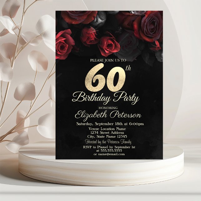 Red Roses Black Gold 60th Birthday   Invitation (Creator Uploaded)