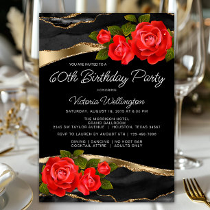 Red Roses Black Gold Any Number Birthday Invitation