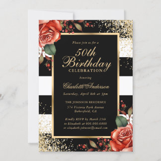 Red Roses Black Gold Confetti 50th Birthday Invitation
