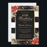 Red Roses Black Gold Confetti 60th Birthday Invitation<br><div class="desc">Elegant black and white striped floral 60th birthday invitation featuring a gold frame decorated by gold confetti,  red roses and greenery.</div>