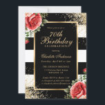 Red Roses Black Gold Confetti 70th Birthday Invitation<br><div class="desc">Elegant black and white striped floral 70th birthday invitation featuring a gold frame decorated by gold confetti,  red roses and greenery.</div>