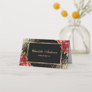 Red Roses Black Gold Floral Place Card