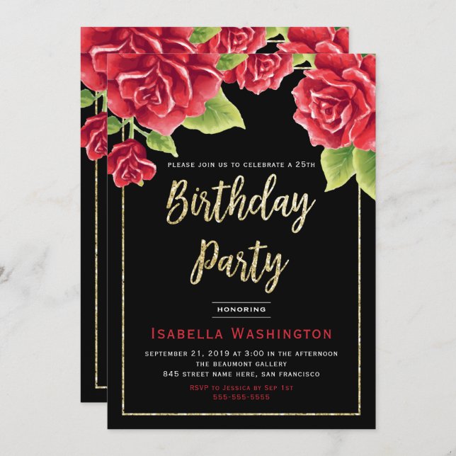 Red Roses Black & Gold Glitter Birthday Party Invitation (Front/Back)