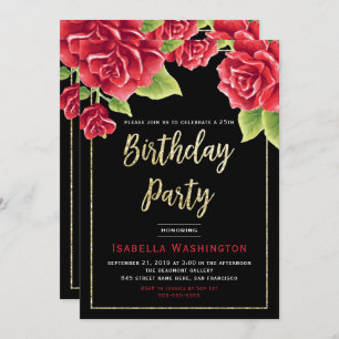 Red Roses Black & Gold Glitter Birthday Party Invitation
