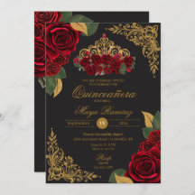 Red Roses Black Gold Glitter Tiara Quinceañera 