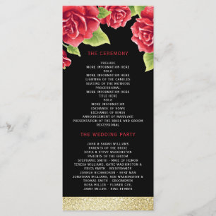 Red Roses Black & Gold Glitter Wedding Program Programme