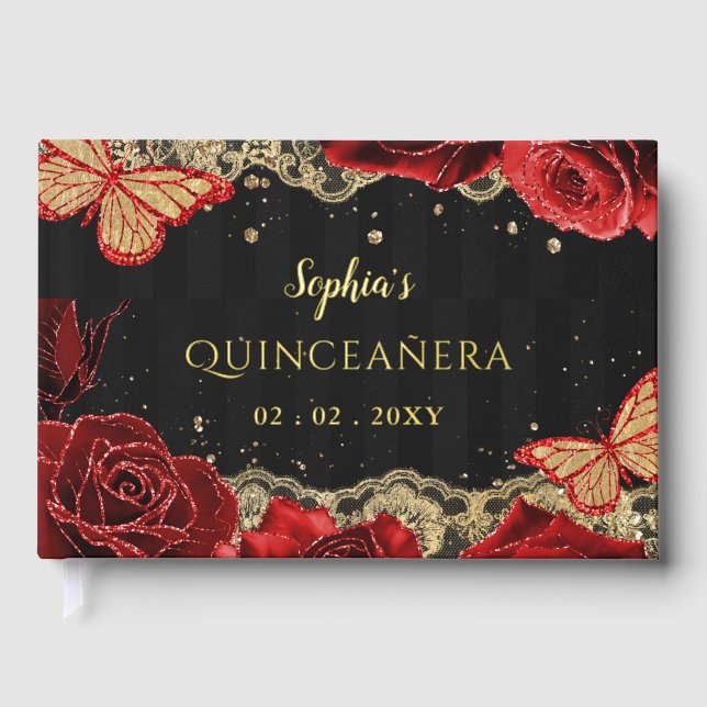 Red Roses Black Gold Lace Butterfly Quinceañera Guest Book (Front)