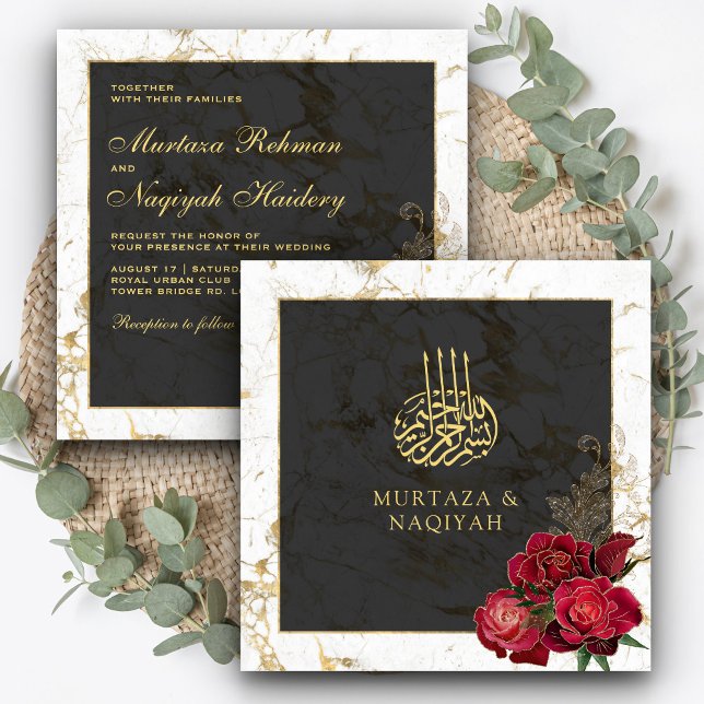 Red Roses Black Gold Marble Islamic Muslim Wedding Invitation (Creator Uploaded)