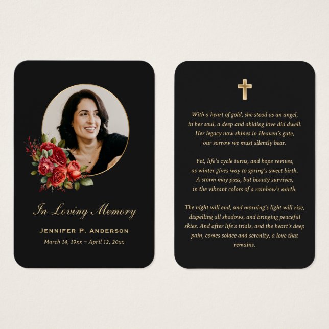 Red Roses Black Gold Memorial Cards (Front & Back)