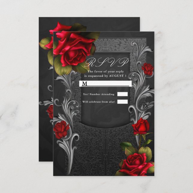 Red Roses Black Ornate Glam Wedding RSVP Reply   Invitation (Front/Back)