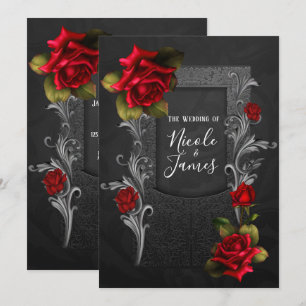 Red Roses Black Ornate Gothic Wedding Invitation