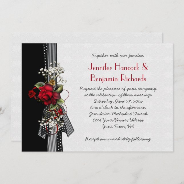 Red Roses Black Ribbons Wedding Invitations (Front/Back)