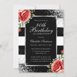 Red Roses Black Silver Confetti 80th Birthday Invitation