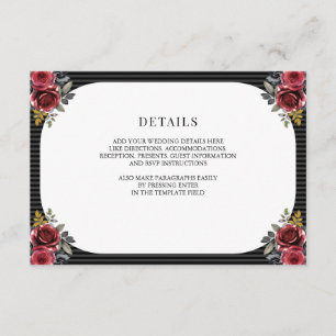 Red Roses Black Stripes Gothic Wedding Details Enclosure Card