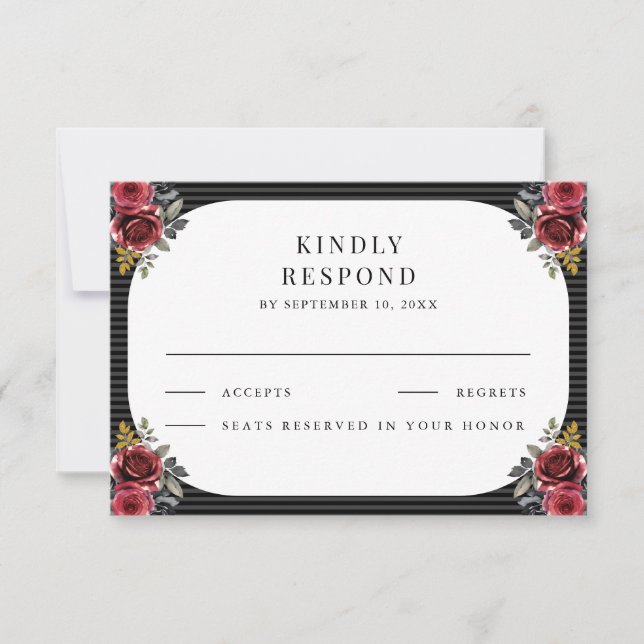 Red Roses Black Stripes Gothic Wedding RSVP Card (Front)