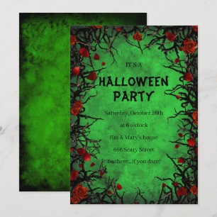 Red Roses Black Vines Green Parchment Halloween Invitation