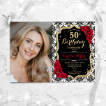 Red Roses Black White Damask Photo 50th Birthday Invitation<br><div class="desc">Elegant floral feminine 50th birthday invitation with your photo. Glam black white red design with faux glitter gold. Features black and white damask pattern, red roses, script font and confetti. Perfect for a stylish adult bday celebration party. Personalise with your own details. Can be customised for any age! Printed Zazzle...</div>