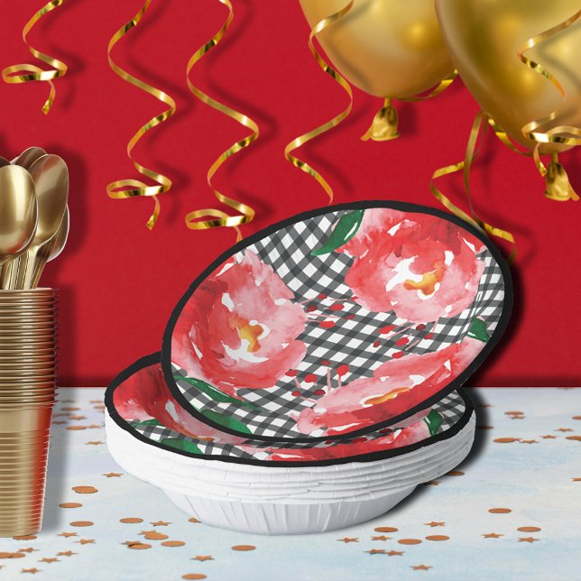 Red Roses Black White Gingham Paper Plate (Red roses on black and white gingham paper bowls)