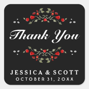 Red Roses Black & White Matching Wedding Thank You Square Sticker