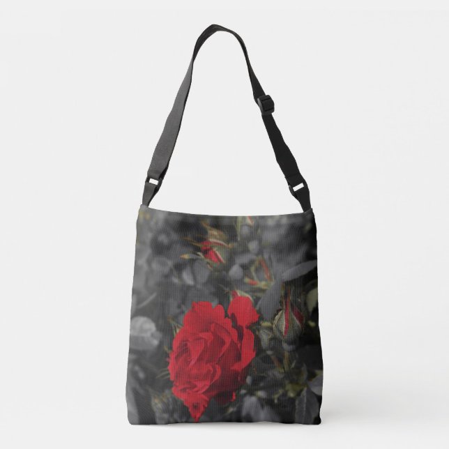 red roses bloom scroll on dark grey crossbody bag (Back)