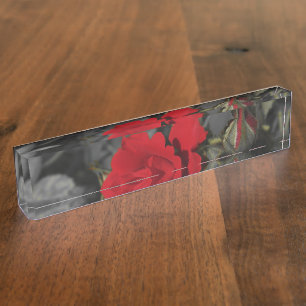 red roses bloom scroll on dark grey nameplate