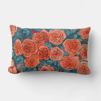 Red Roses, Blue Leaves Rose Garden Summer Flowers Lumbar Cushion