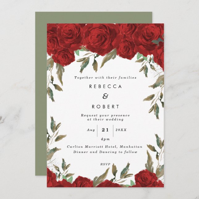 red roses boho modern wedding invitation (Front/Back)
