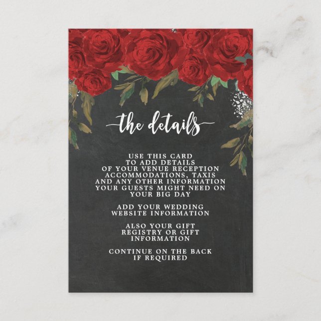 red roses boho wedding details information card (Front)