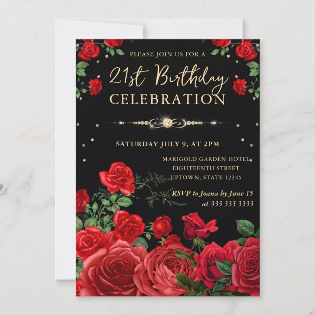 Red Roses Border Floral 21st Birthday Invitation (Front)