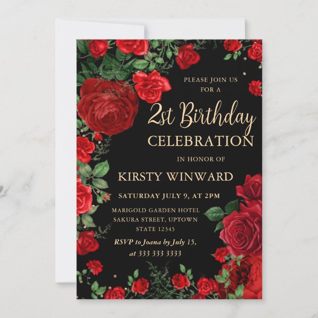 Red Roses Border Floral 21st Birthday Invitation (Front)