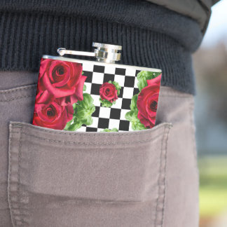 Red Roses Bouquet Floral Love Rockabilly Checkered Hip Flask