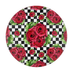Red Roses Bouquet Floral Love Rockabilly Chequered Cutting Board