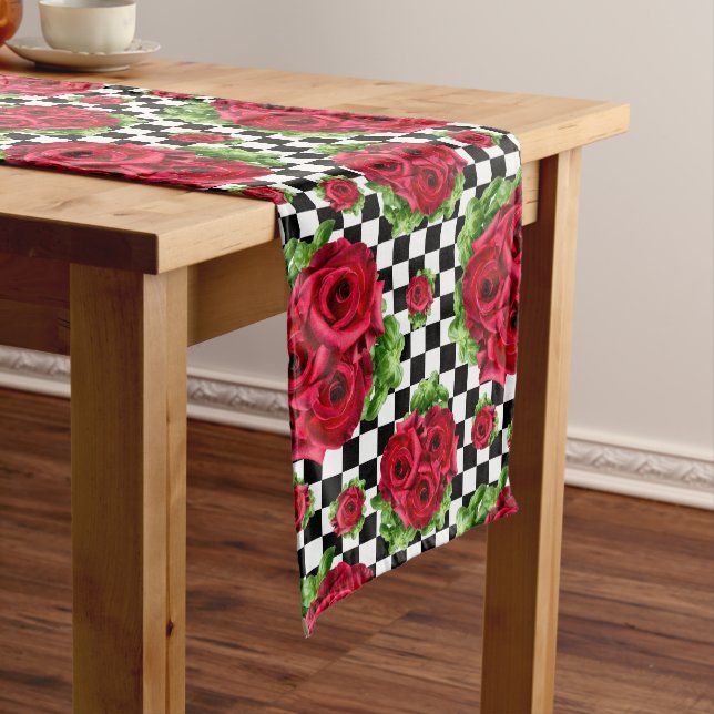 Red Roses Bouquet Floral Love Rockabilly Chequered Medium Table Runner (In Situ)