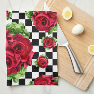 Red Roses Bouquet Floral Love Rockabilly Chequered Tea Towel