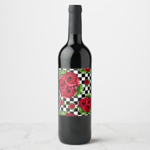Red Roses Bouquet Floral Love Rockabilly Chequered Wine Label