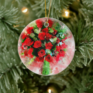 Red Roses Bouquet flower watercolor – wb Ceramic Tree Decoration