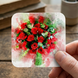 Red Roses Bouquet flower watercolor – wb Square Sticker