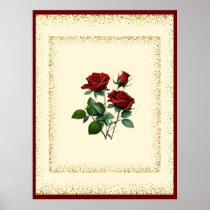 Red Roses Bouquet Framed with Gold Dots Canvas Poster