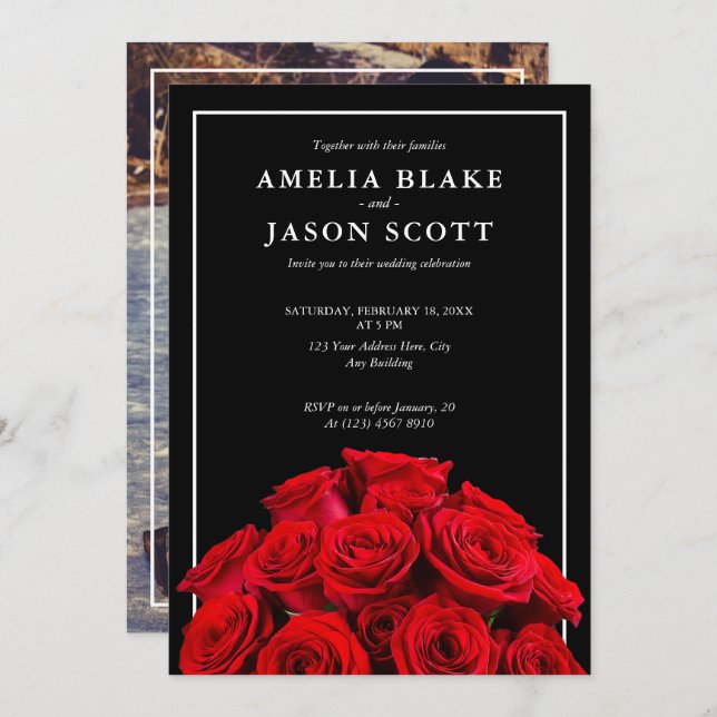 Red Roses Bouquet on Black Wedding Invitation (Front/Back)