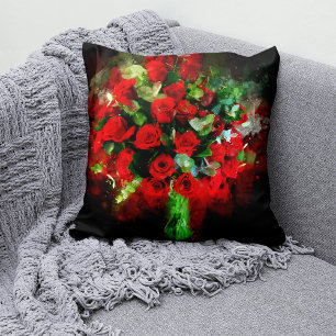 Red Roses Bouquet Watercolor on Black Background Cushion